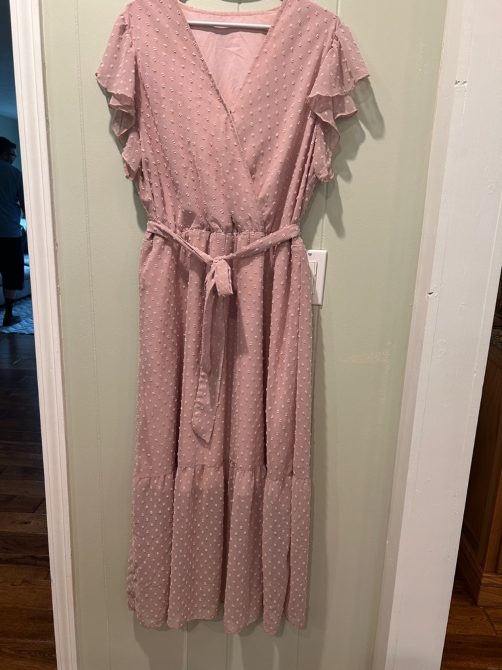 Pink Ruffle-Sleeve Wrap Maxi Dress - Lightweight Textured Fabric